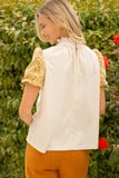 Smocked High Neck Bubble Sleeve Corduroy Top
