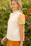 Smocked High Neck Bubble Sleeve Corduroy Top