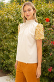 Smocked High Neck Bubble Sleeve Corduroy Top