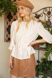 Button and Pintuck Detailed Waist Tie Blouse