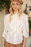 Button and Pintuck Detailed Waist Tie Blouse