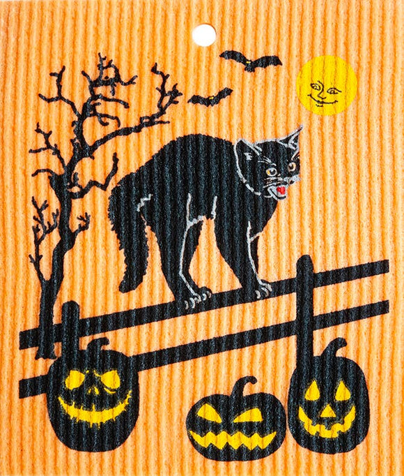 Black Halloween Cat Swedish Wash Towel on Orange Cloth by Ha