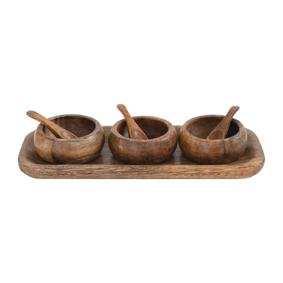 Mango Wood Tray with 3 Bowls and Spoons, Set of 7