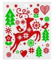 Red & Green Jumping Reindeer Pattern Swedish Wash Towel